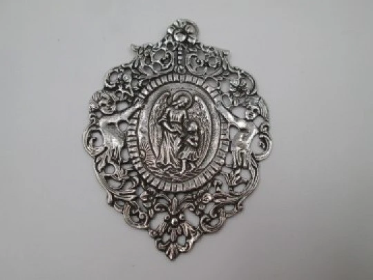 Guardian angel & cherubs wall pendant plaque. Sterling silver. Spain. 1980's