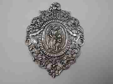 Guardian angel & cherubs wall pendant plaque. Sterling silver. Spain. 1980's