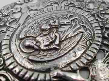 Guardian angel & cherubs wall pendant plaque. Sterling silver. Spain. 1980's