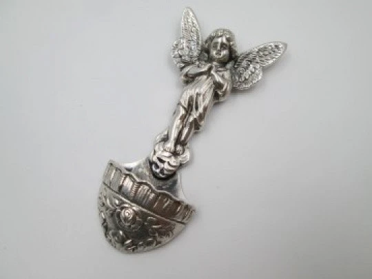 Guardian Angel holy water font. 925 sterling silver. Flowers motifs. 1980's