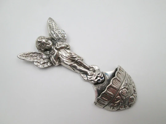 Guardian Angel holy water font. 925 sterling silver. Flowers motifs. 1980's