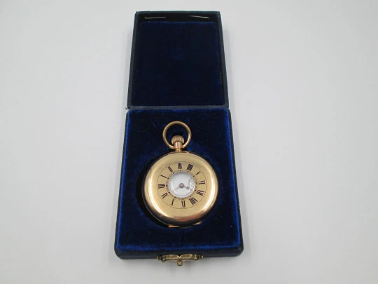 Half / demi-hunter pocket watch. 20 micron gold plated. Swiss. 1910's