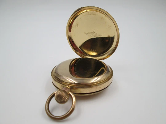 Half / demi-hunter pocket watch. 20 micron gold plated. Swiss. 1910's