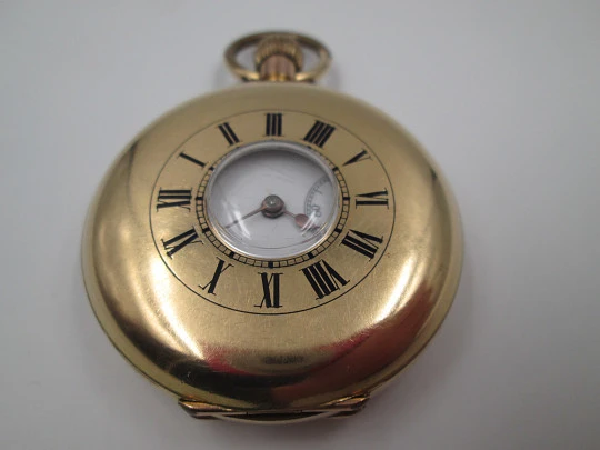 Half / demi-hunter pocket watch. 20 micron gold plated. Swiss. 1910's