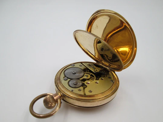 Half / demi-hunter pocket watch. 20 micron gold plated. Swiss. 1910's