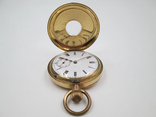 Half / demi-hunter pocket watch. 20 micron gold plated. Swiss. 1910's