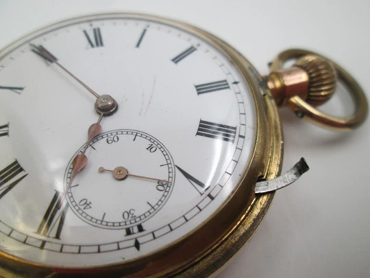 Half / demi-hunter pocket watch. 20 micron gold plated. Swiss. 1910's