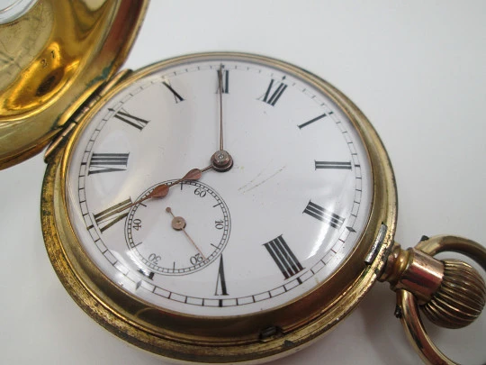 Half / demi-hunter pocket watch. 20 micron gold plated. Swiss. 1910's