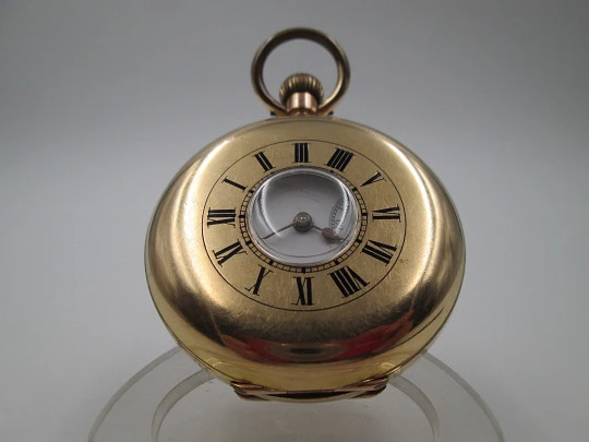 Half / demi-hunter pocket watch. 20 micron gold plated. Swiss. 1910's