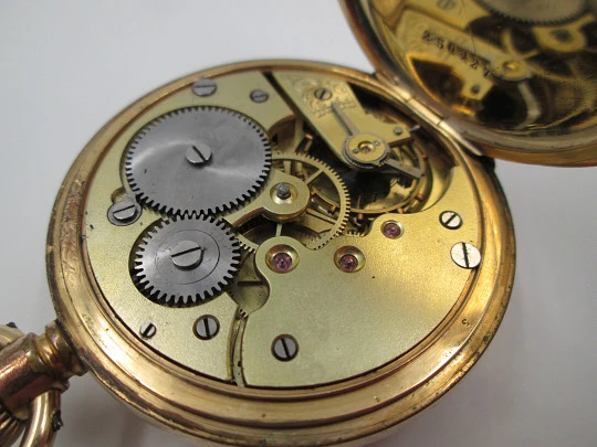 Half / demi-hunter pocket watch. 20 micron gold plated. Swiss. 1910's