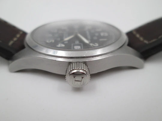 Hamilton Khaki Field steel. Automatic. Black dial. Calendar. Exhibition caseback. 2018's