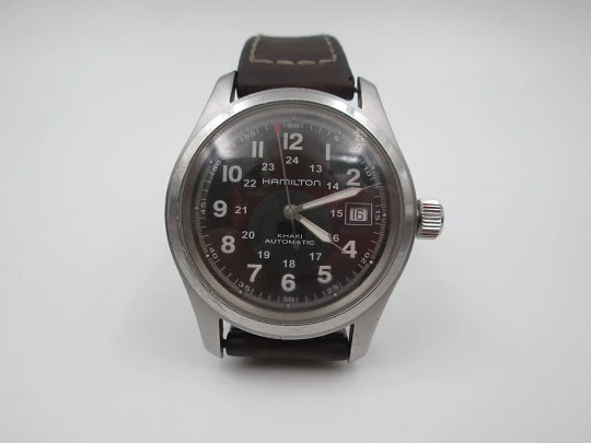 Hamilton Khaki Field steel. Automatic. Black dial. Calendar. Exhibition caseback. 2018's