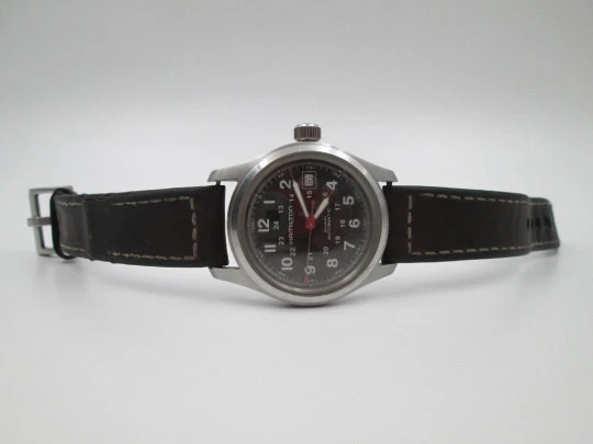 Hamilton Khaki Field steel. Automatic. Black dial. Calendar. Exhibition caseback. 2018's