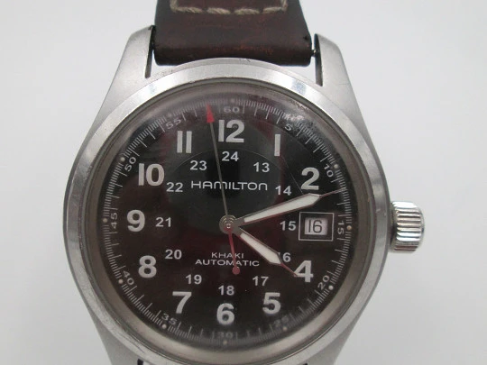 Hamilton Khaki Field steel. Automatic. Black dial. Calendar. Exhibition caseback. 2018's