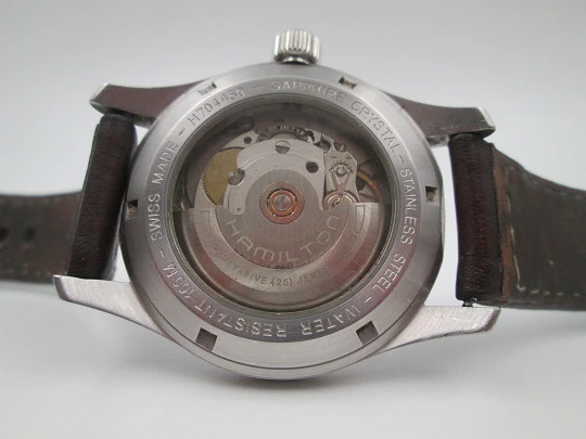 Hamilton Khaki Field steel. Automatic. Black dial. Calendar. Exhibition caseback. 2018's