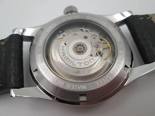 Hamilton Khaki. Automatic. Stainless steel. Calendar. Exhibition caseback. Strap. 2000's