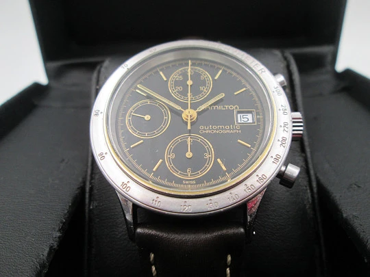 Hamilton Lancaster automatic chronograph. Stainless steel. Black dial. 1990's. Swiss
