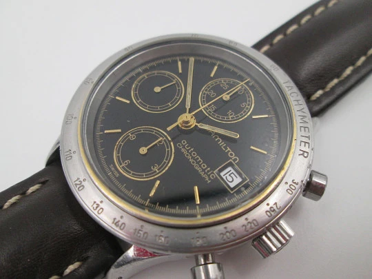 Hamilton Lancaster automatic chronograph. Stainless steel. Black dial. 1990's. Swiss