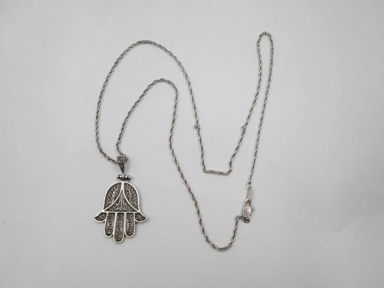 Hand of Fatima necklace with braided link chain. 925 sterling silver. Carabiner clasp