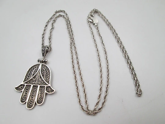 Hand of Fatima necklace with braided link chain. 925 sterling silver. Carabiner clasp