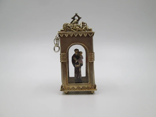 Handcrafted glass-enclosed sterling silver chapel with polychrome Saint Anthony. 1950's