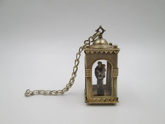 Handcrafted glass-enclosed sterling silver chapel with polychrome Saint Anthony. 1950's