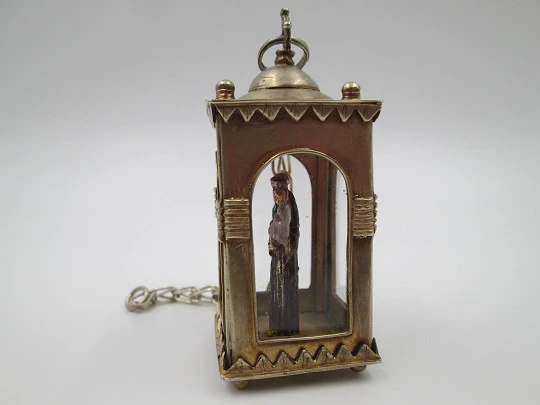 Handcrafted glass-enclosed sterling silver chapel with polychrome Saint Anthony. 1950's