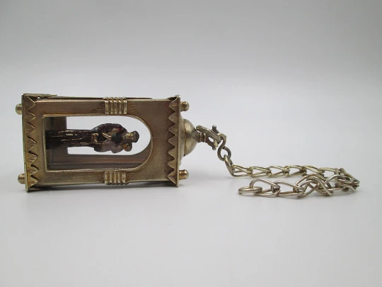 Handcrafted glass-enclosed sterling silver chapel with polychrome Saint Anthony. 1950's