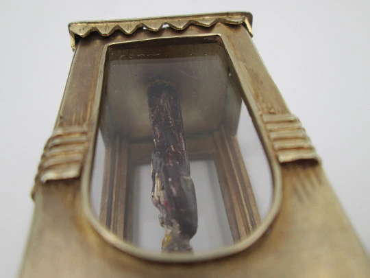 Handcrafted glass-enclosed sterling silver chapel with polychrome Saint Anthony. 1950's