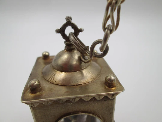 Handcrafted glass-enclosed sterling silver chapel with polychrome Saint Anthony. 1950's
