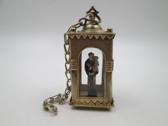 Handcrafted glass-enclosed sterling silver chapel with polychrome Saint Anthony. 1950's