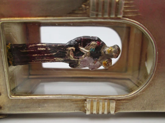 Handcrafted glass-enclosed sterling silver chapel with polychrome Saint Anthony. 1950's