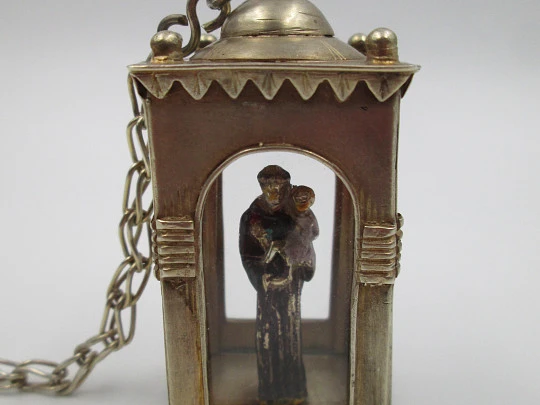 Handcrafted glass-enclosed sterling silver chapel with polychrome Saint Anthony. 1950's
