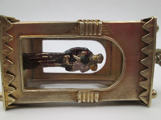 Handcrafted glass-enclosed sterling silver chapel with polychrome Saint Anthony. 1950's