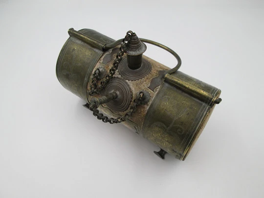 Handcrafted horizontal wedding water pitcher (colcho). Embossed brass and cork. 1950's Handcrafted horizontal wedding water pitcher (colcho). Embossed brass and cork. 1950's