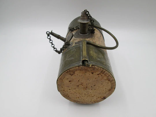 Handcrafted horizontal wedding water pitcher (colcho). Embossed brass and cork. 1950's Handcrafted horizontal wedding water pitcher (colcho). Embossed brass and cork. 1950's