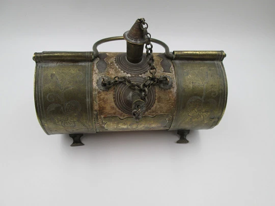 Handcrafted horizontal wedding water pitcher (colcho). Embossed brass and cork. 1950's Handcrafted horizontal wedding water pitcher (colcho). Embossed brass and cork. 1950's