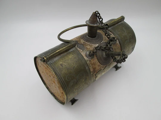 Handcrafted horizontal wedding water pitcher (colcho). Embossed brass and cork. 1950's Handcrafted horizontal wedding water pitcher (colcho). Embossed brass and cork. 1950's