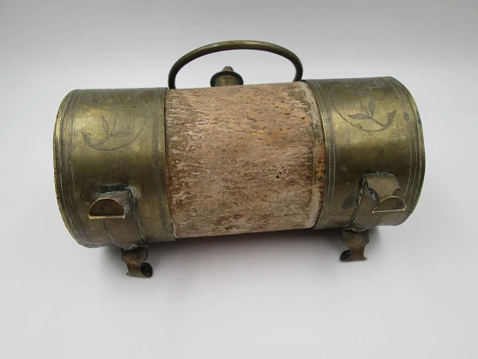 Handcrafted horizontal wedding water pitcher (colcho). Embossed brass and cork. 1950's Handcrafted horizontal wedding water pitcher (colcho). Embossed brass and cork. 1950's