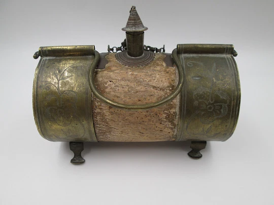 Handcrafted horizontal wedding water pitcher (colcho). Embossed brass and cork. 1950's Handcrafted horizontal wedding water pitcher (colcho). Embossed brass and cork. 1950's