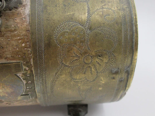 Handcrafted horizontal wedding water pitcher (colcho). Embossed brass and cork. 1950's Handcrafted horizontal wedding water pitcher (colcho). Embossed brass and cork. 1950's