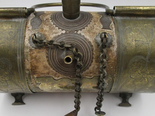 Handcrafted horizontal wedding water pitcher (colcho). Embossed brass and cork. 1950's Handcrafted horizontal wedding water pitcher (colcho). Embossed brass and cork. 1950's