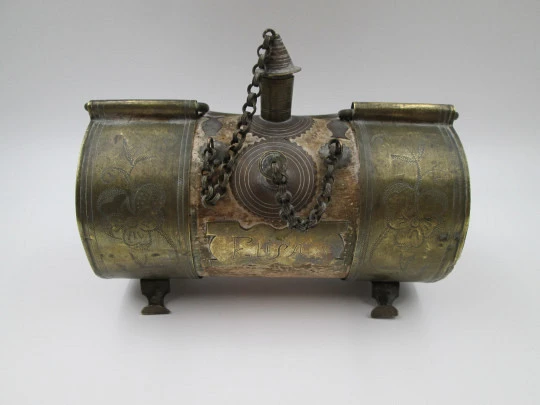 Handcrafted horizontal wedding water pitcher (colcho). Embossed brass and cork. 1950's Handcrafted horizontal wedding water pitcher (colcho). Embossed brass and cork. 1950's