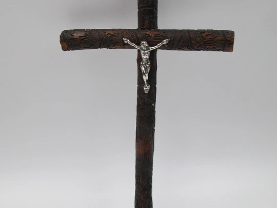 Handcrafted wooden cross with sterling silver Christ. Vegetable motifs, 1950's. Spain