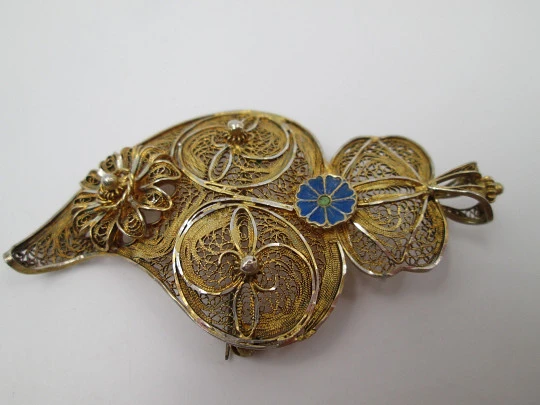 Heart women's filigree brooch / pendant. Sterling silver vermeil. Regional jewelry