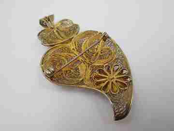 Heart women's filigree brooch / pendant. Sterling silver vermeil. Regional jewelry