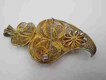 Heart women's filigree brooch / pendant. Sterling silver vermeil. Regional jewelry