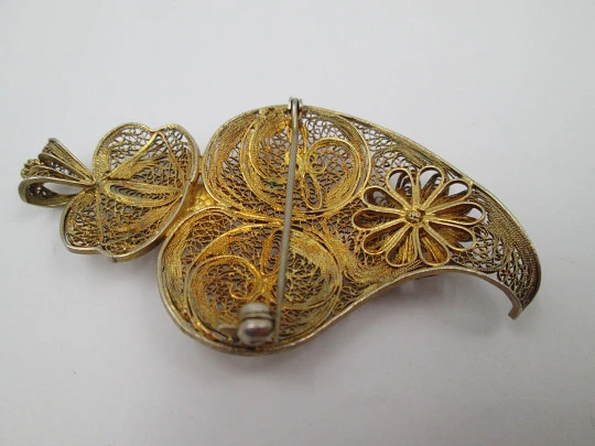 Heart women's filigree brooch / pendant. Sterling silver vermeil. Regional jewelry