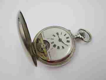 Hebdomas 8 days hunter case. Silver plated. Stem-wind. Visible escapement