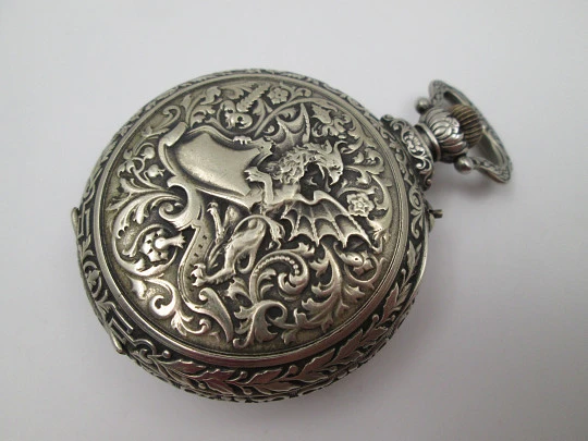 Hebdomas 8 days open face. Silver plated. Stem-wind. Dragon engraving. 1910's